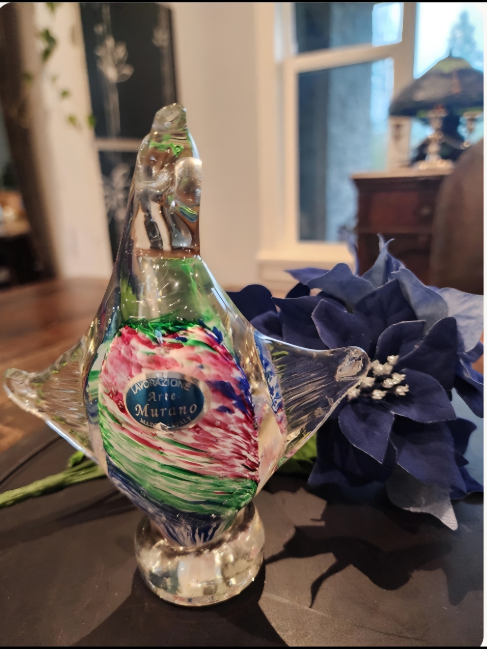 VTG Lavorazione Arte Murano Glass Bird Figurine Pink Green Blue Confetti